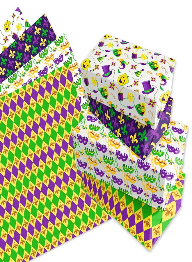 DodelyGz 12Pcs Mardi Gras Premium Kraft Gift Wrap Paper,New Orleans Carnival Pattern Wrapping Paper for Mardi Gras DIY Gift Packing Birthday Party Favor, 20 x 27 Inch - Image 1